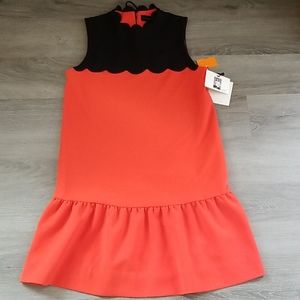 Women's Orange Drop Waist Scallop Trim Dress